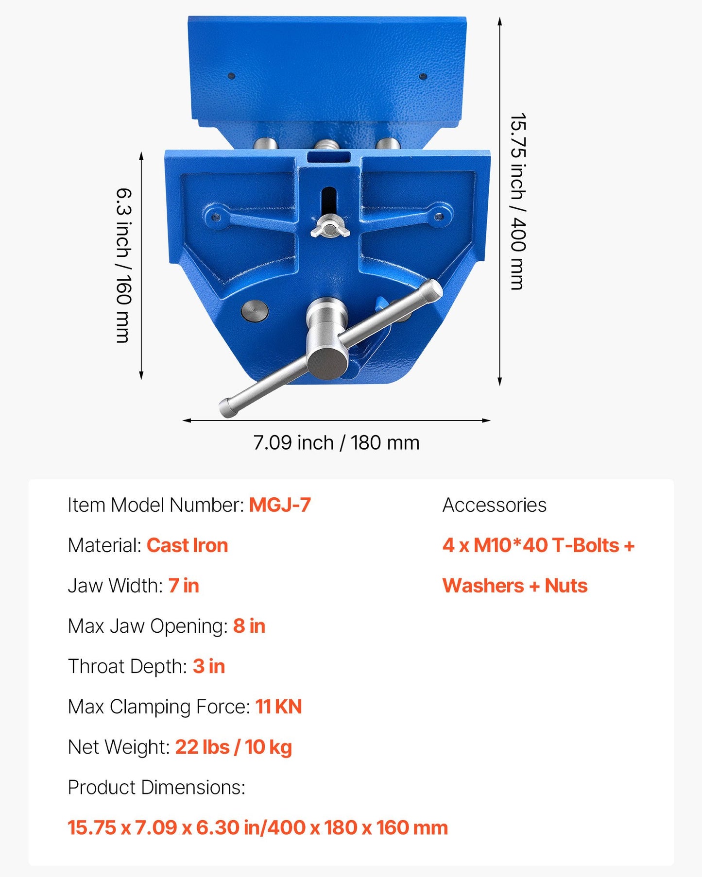 Woodworking Vise, 7 Inch Jaw Width, Quick Release Wood Bench Vise, 8 Inch Max Jaw Opening, Heavy-duty Cast Iron Construction, Workbench Vice with Adjustable Front Stop, for Woodworking Drilling