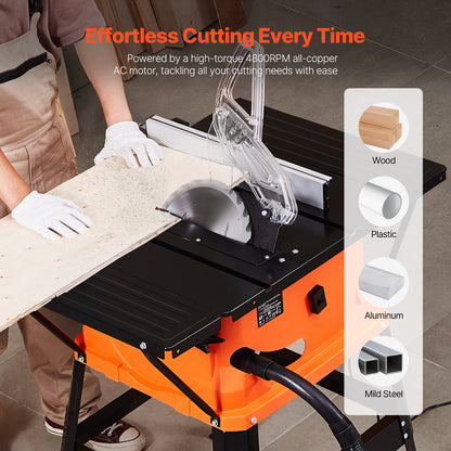 Table Saw with Stand, 1800W Portable Compact Table Saw, 254MM Saw Blade OD, 200MM Max. Cutting Capacity, 4,800rpm Cutting Speed, with 24-Teeth Saw Blade, for Woodworking and Furniture Making