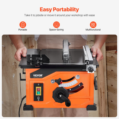 Table Saw, 1200W Portable Compact Table Saw, 210MM Saw Blade OD Construction Circular Saw, 225MM Max. Cutting Capacity, 4800rpm Cutting Speed, with 24-tooth Saw Blade, Miter Gauge, for DIY Woodworking and Furniture Making