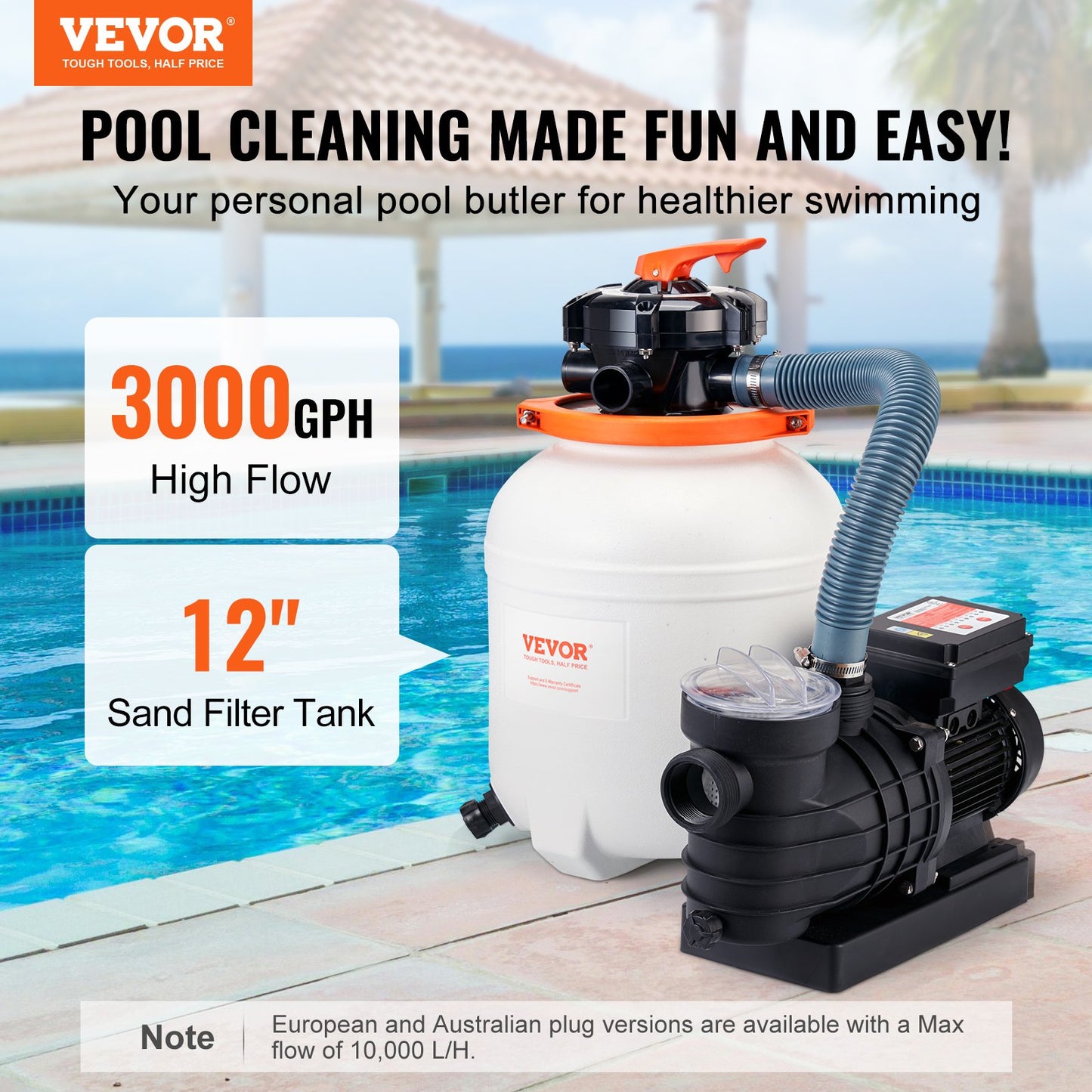 Sand Filter Pump for Above Ground Pools, 12-inch, 3000 GPH, 1/2 HP Swimming Pool Pumps System & Filters Combo Set with 6-Way Multi-Port Valve & Strainer Basket, for Domestic and Commercial Pools