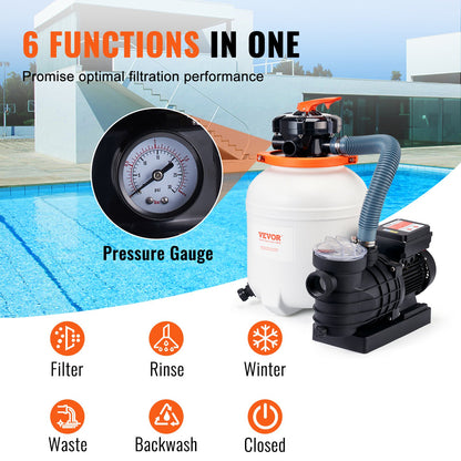Sand Filter Pump for Above Ground Pools, 12-inch, 3000 GPH, 1/2 HP Swimming Pool Pumps System & Filters Combo Set with 6-Way Multi-Port Valve & Strainer Basket, for Domestic and Commercial Pools