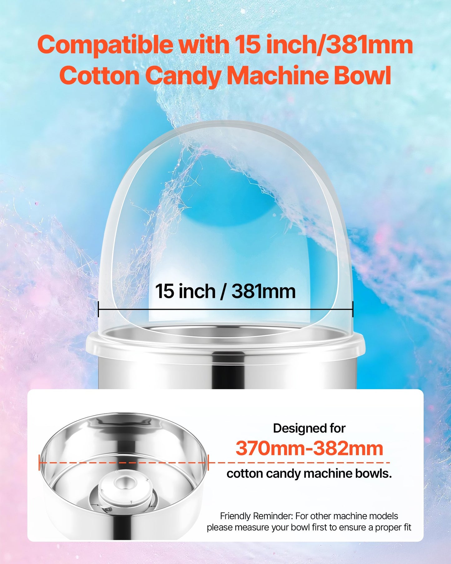 Cotton Candy Machine Cover, Transparent Acrylic Dome Bubble Shield, Cotton Candy Machine Bubble Shield Compatible with 15inch Cottons Candies Machines Bowl for Party, Shops, Bottom Groove Design