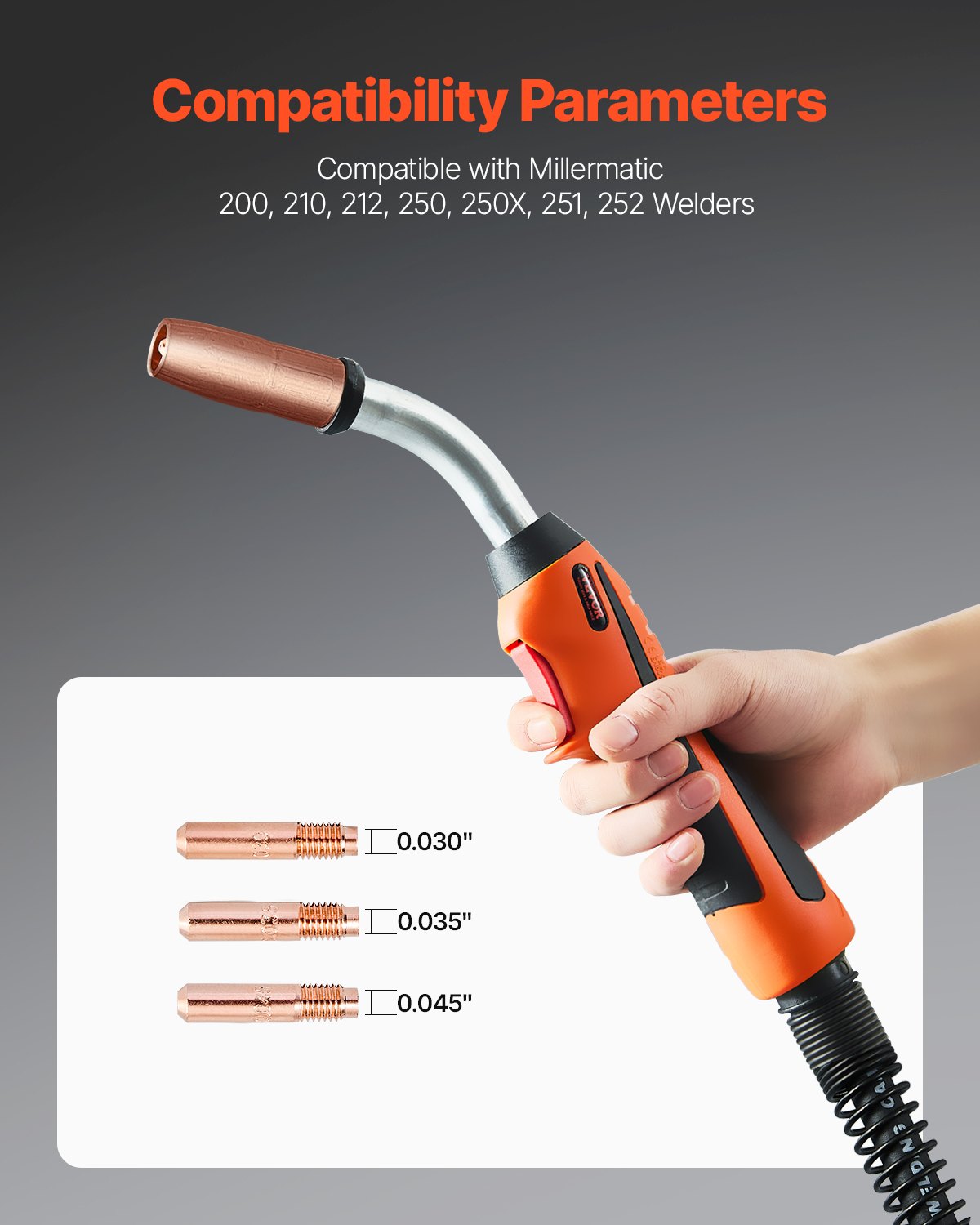 250-Ampere-MIG-Schweißpistole mit 15 Fuß langem Kabel für Drähte von 0,030", 0,035" und 0,045"