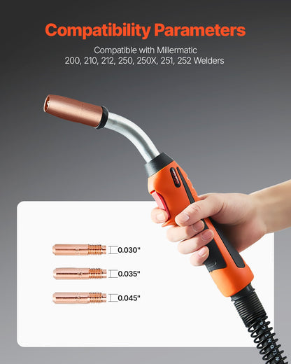 250-Ampere-MIG-Schweißpistole mit 15 Fuß langem Kabel für Drähte von 0,030", 0,035" und 0,045"