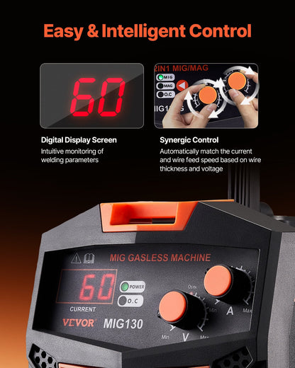 MIG Welder, 130Amp Synergic Mig Welding Machine, 110V Gasless Flux Core Welder Machine, Portable Mig Welder with IGBT Inverter Technology and Digital Display Screen
