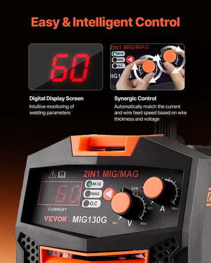 MIG Welder, 130A Synergic Mig Welding Machine, 2-in-1 Gas MIG/Gasless Flux Core MIG Multi-Process Welder Machine, 110V Portable Mig Welder with IGBT Inverter Technology & Digital Display Screen