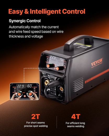 Pro MIG Welder, 200A Pluse Mig Welding Machine, 5-in-1 Synergic Welder Machine MIG Pluse/Gas MIG/Flux Core MIG/Stick/Lift TIG, 110V/220V Dual Voltage Aluminum Mig Welder with LCD Screen Display