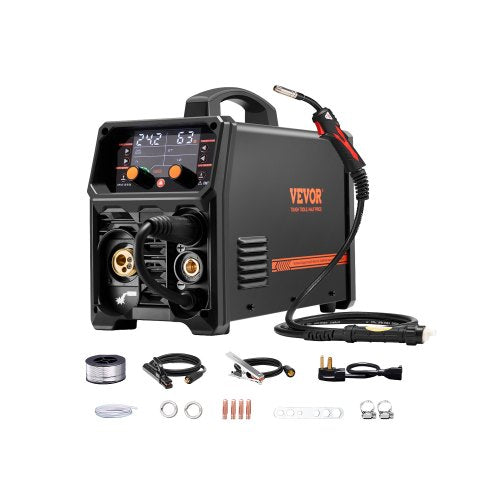 Pro MIG Welder, 250A Pluse Mig Welding Machine, 5-in-1 Synergic Welder Machine MIG Pluse/Gas MIG/Flux Core MIG/Stick/Lift TIG, 110V/220V Dual Voltage Aluminum Mig Welder with LCD Screen Display