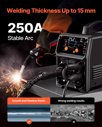 Pro MIG Welder, 250A Pluse Mig Welding Machine, 5-in-1 Synergic Welder Machine MIG Pluse/Gas MIG/Flux Core MIG/Stick/Lift TIG, 110V/220V Dual Voltage Aluminum Mig Welder with LCD Screen Display