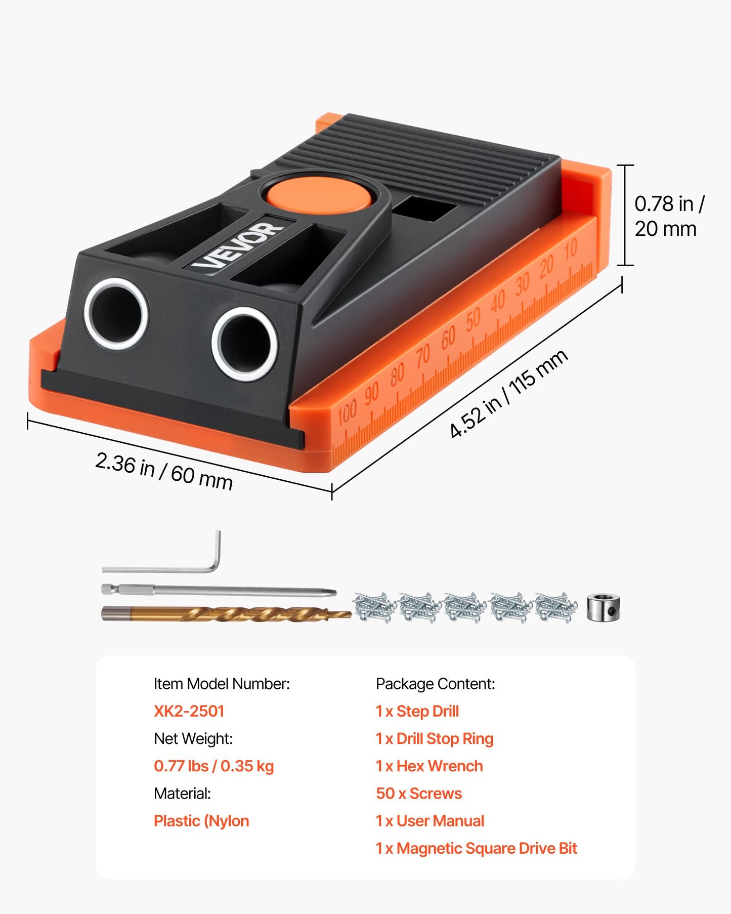 Pocket Hole Jig Kit, 1/2 to 1-1/2 in Adjustable, Mini Jig Pocket Hole System with Step Drill, Hex Wrench, Drill Stop Ring, Square Drive Bit, and Screws, Reinforced Nylon Frame, for Woodworking