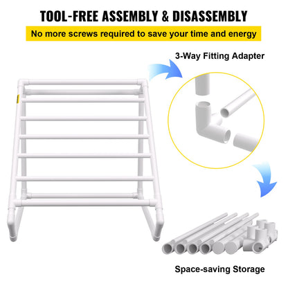 Pool Handdukshållare, 8 Bar, Vit, Fristående utomhus PVC Triangulär Poolside Förvaringsorganisator, Inkluderar 8 Handduksklämmor, Mesh Bag, Krok, Förvarar även flottörer och paddlar, för stranden, swimmingpool