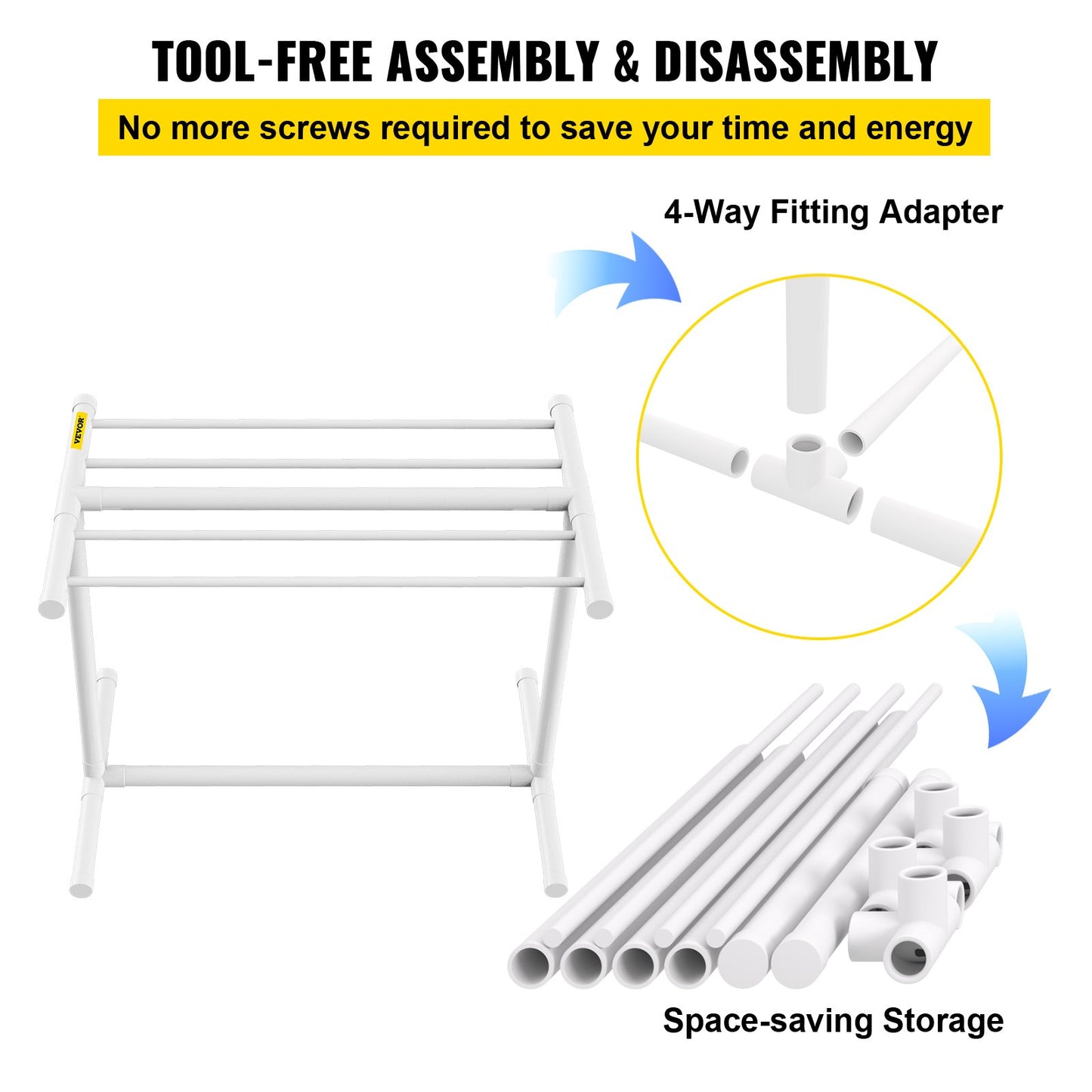 Poolhanddukshängare, 5 bar, vit, fristående utomhus PVC T-form för förvaring vid poolen, inkluderar 8 handduksklämmor, nätpåse, krok, förvarar även flyter och paddlar, för stranden, poolen, hemmet