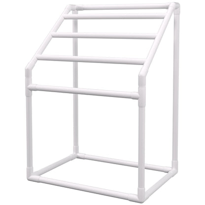 Pool-Handtuchhalter, 5 Stangen, weiß, freistehender trapezförmiger PVC-Aufbewahrungsorganizer für den Außenbereich am Pool, inkl. 8 Handtuchklammern, Netztasche, Haken, auch zur Aufbewahrung von Schwimmkörpern und Paddeln, für Strand, Pool