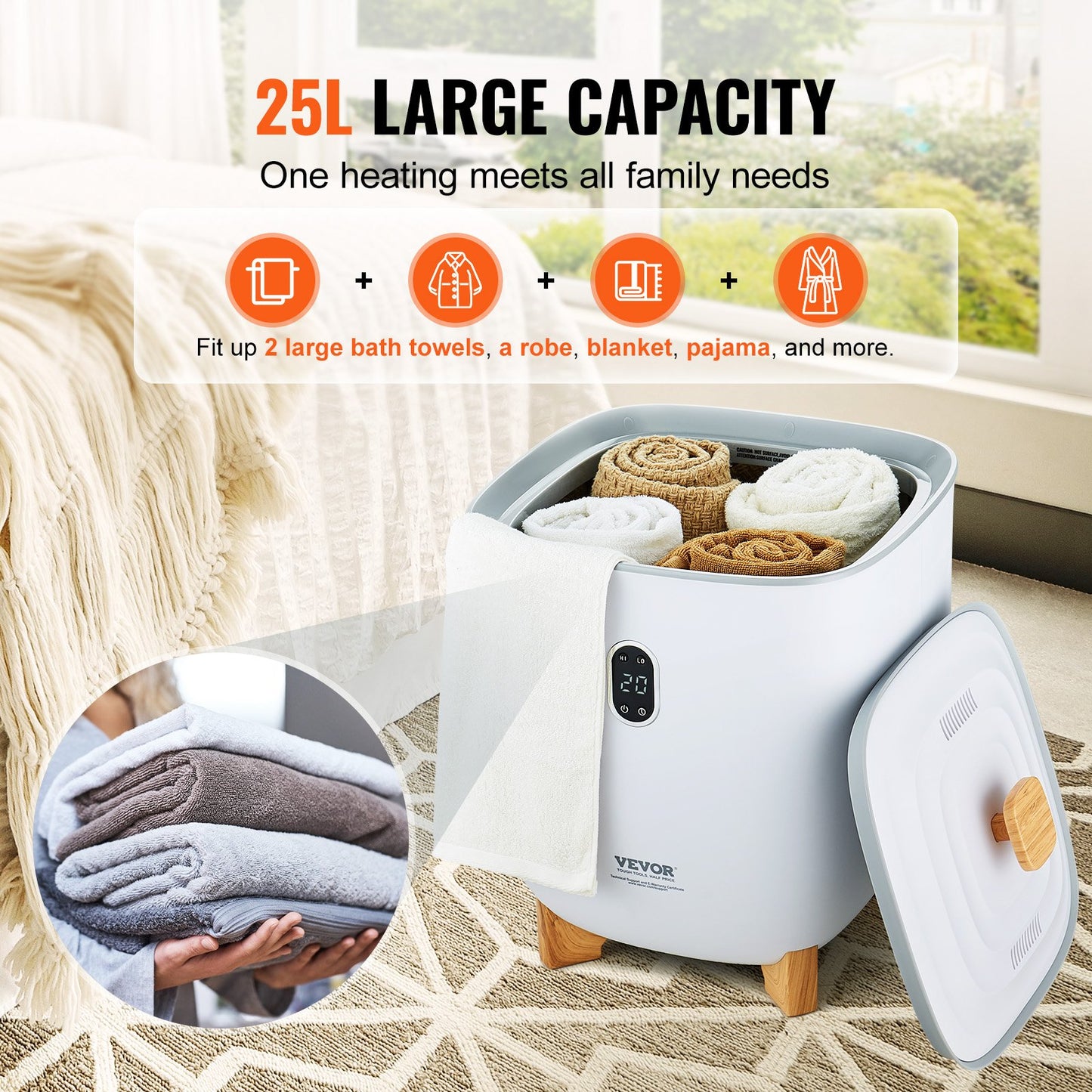 Handtuchtrockner, 25 l, mit LED-Anzeige, Bodenheizung, Säulen, Timer, Weiß