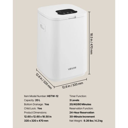 20L Handtuchtrocknereimer mit LED-Anzeige 4 Haken und Sicherheitsverschluss weiß | EU