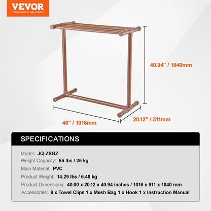 Towel Rack, 5 Bars Outdoor PVC Towel Holder, Floor Standing Pool Towel Hanger Stand with Clips, Bag & Hook, Outdoor Indoor Quilt Drying Rack Organizer, Ideal for Poolside, Bathroom, Spa, Brown