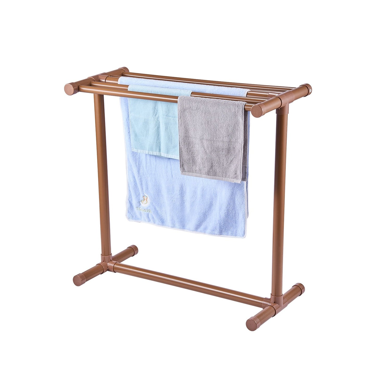 Towel Rack, 5 Bars Outdoor PVC Towel Holder, Floor Standing Pool Towel Hanger Stand with Clips, Bag & Hook, Outdoor Indoor Quilt Drying Rack Organizer, Ideal for Poolside, Bathroom, Spa, Brown