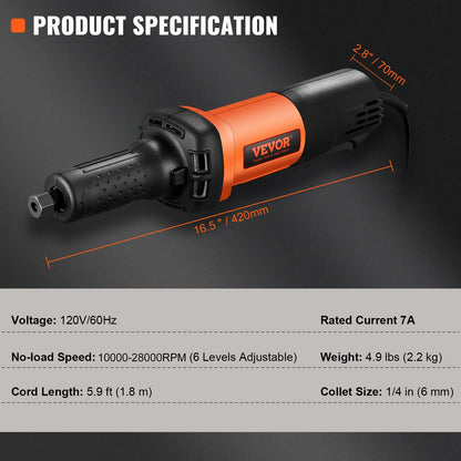 Die Grinder, 1/4" Collet Variable Speed (10000-28000RPM), Heavy Duty Electric, Ergonomic Grip for Rust Removal, Grinding, Cutting, Polishing, Welding Repair, Deburring, with 1/4" & 1/8" Collets