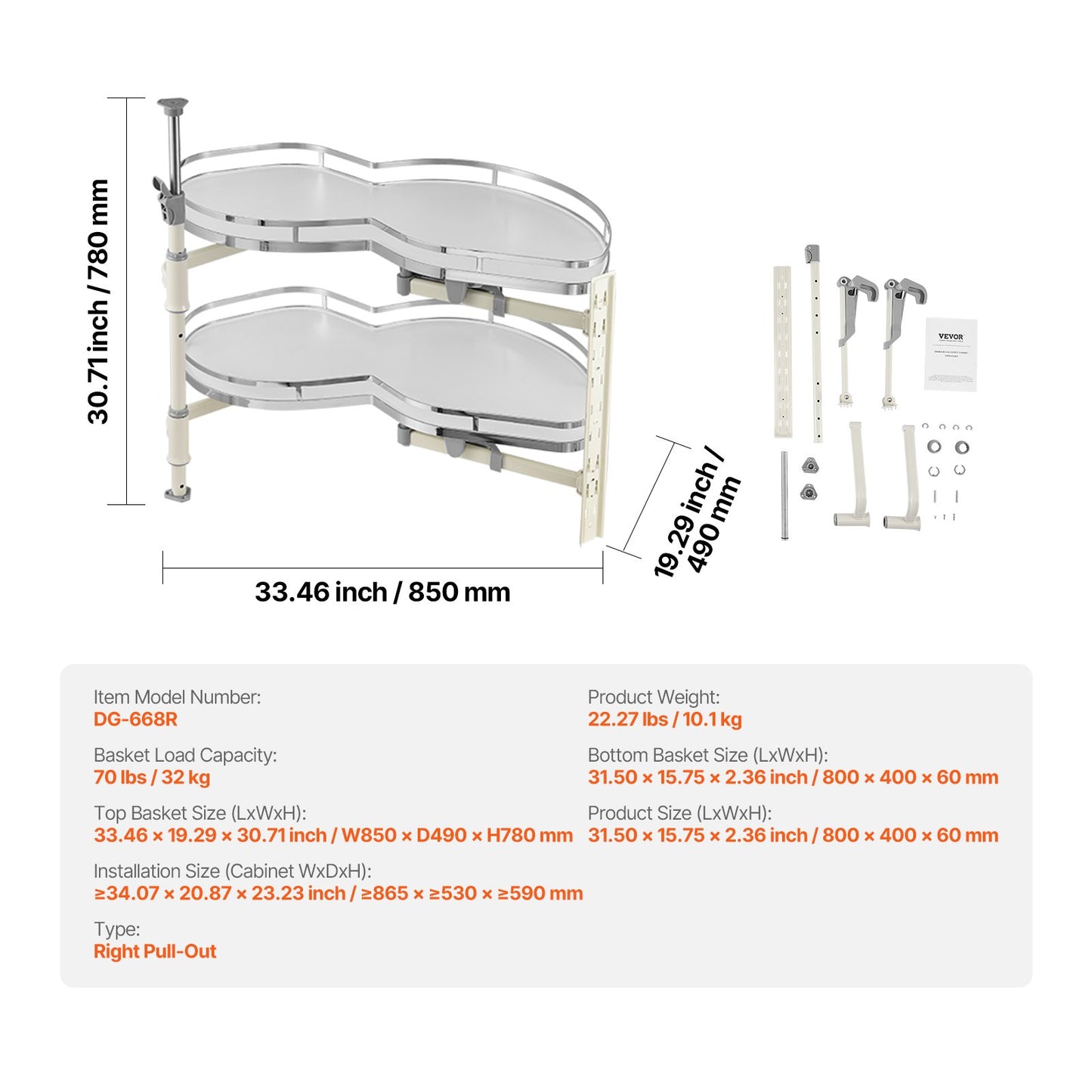 Eckschrank mit 2 Ebenen, Schwingtür rechts, Auszieh-Soft-Close-Organizer