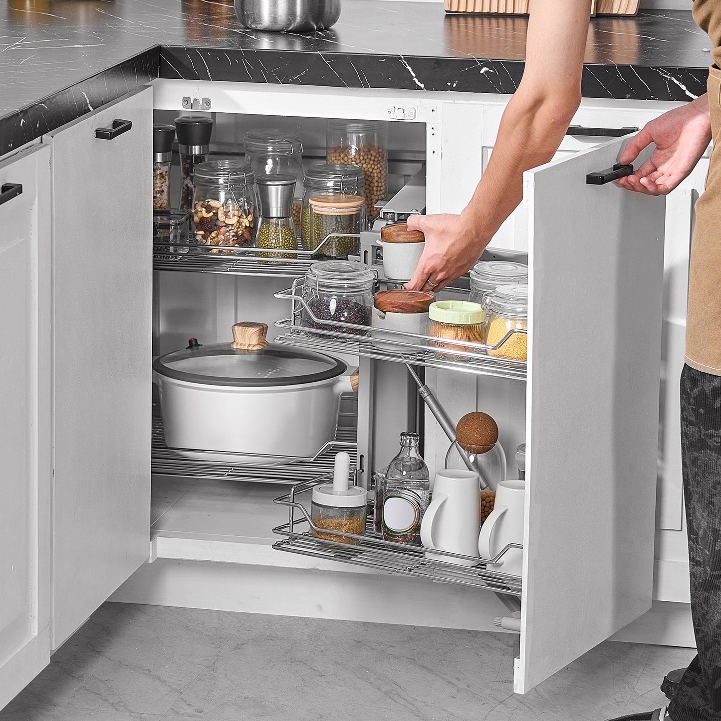 18"W Opening Blind Corner Pull Out Organizer, 2 Tier 4 Shelf Kitchen Cabinet Organizer, Magic Chrome Carbon Steel Storage Basket, Slide Out Storage Organizer, Left & Right Open Compatible