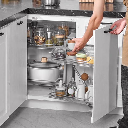 18"W Opening Blind Corner Pull Out Organizer, 2 Tier 4 Shelf Kitchen Cabinet Organizer, Magic Chrome Carbon Steel Storage Basket, Slide Out Storage Organizer, Left & Right Open Compatible