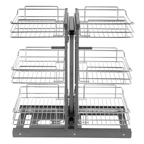 Min 15"W Opening Blind Corner Pull Out Organizer, 3 Tier 6 Shelf Kitchen Cabinet Organizer, Chrome Carbon Steel Storage Basket, Slide Out Storage Organizer, Left & Right Open Compatible