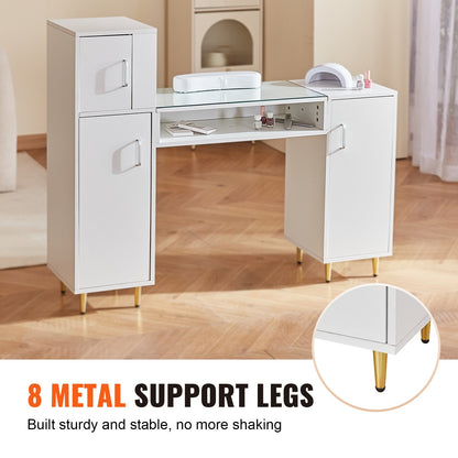 Manicure Table, Glass Top Nail Desk, Makeup Dressing Nail Station with Storage Cabinets, Acetone-Resistant Nail Tech Table for Beauty Salon Spa Workstation with 8 Metal Legs, Wrist Rest, White