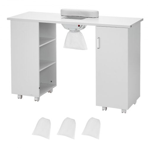 Manicure Table, Nail Table Station with Electric Dust Collector, Moveable Nail Tech Desk with 8 Wheels (4 Lockable), 3 Dust Bag & Wrist Rest, MDF Nail Art Workstation for Spa Beauty Salon, White