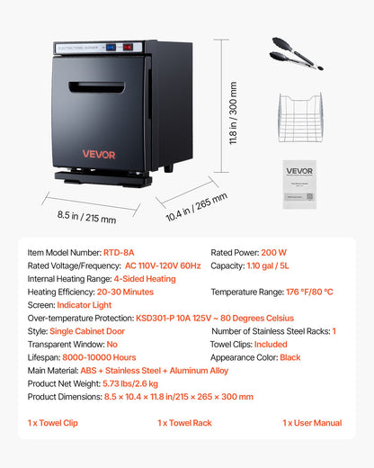 Hot Towel Warmer, 1.1 gal Small Towel Warmer Cabinet with Clip & Stainless Steel Rack, Holds up 8-12 Towels, Portable All-Round Heating Cabinet for Spa, Barber, Manicures, Massage, Salon, Black
