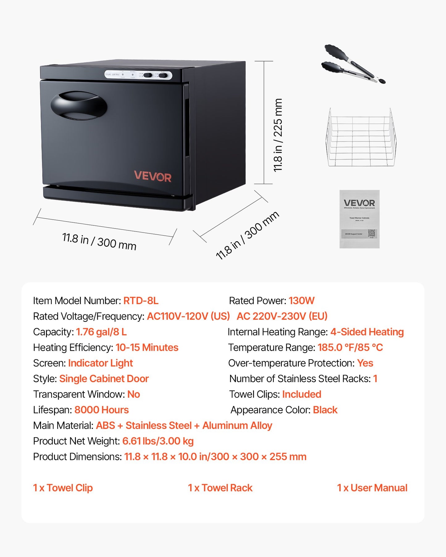 Hot Towel Warmer, 1.76 gal Small Towel Warmer Cabinet with Clip & Stainless Steel Rack, Holds up 12 Towels, Portable All-Round Heating Cabinet for Spa, Barber, Manicures, Massage, Salon, Black