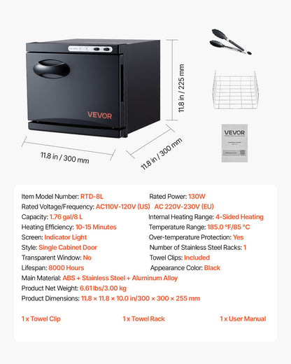 Hot Towel Warmer, 1.76 gal Small Towel Warmer Cabinet with Clip & Stainless Steel Rack, Holds up 12 Towels, Portable All-Round Heating Cabinet for Spa, Barber, Manicures, Massage, Salon, Black