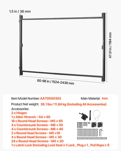 Gate Building Kit, Fits 60 to 96 in Wide Openings, Up from 4 to 5 ft High Fence, Adjustable Gate Building Kit, Anti Sag Full Gate Frame Kit with Latch Lock and Screws, for Wooden Fence, Iron