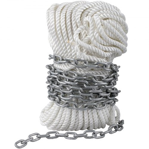 Anchor Rode and Chain, 15' x 5/16" Boat Anchor Chain, 1/2" x 200' Nylon Rope, 2.2T Chain Tension Galvanized Steel Chain, Windlass-Grade Three Strand Twist Nylon, Anchor Chain for Boats, Ships