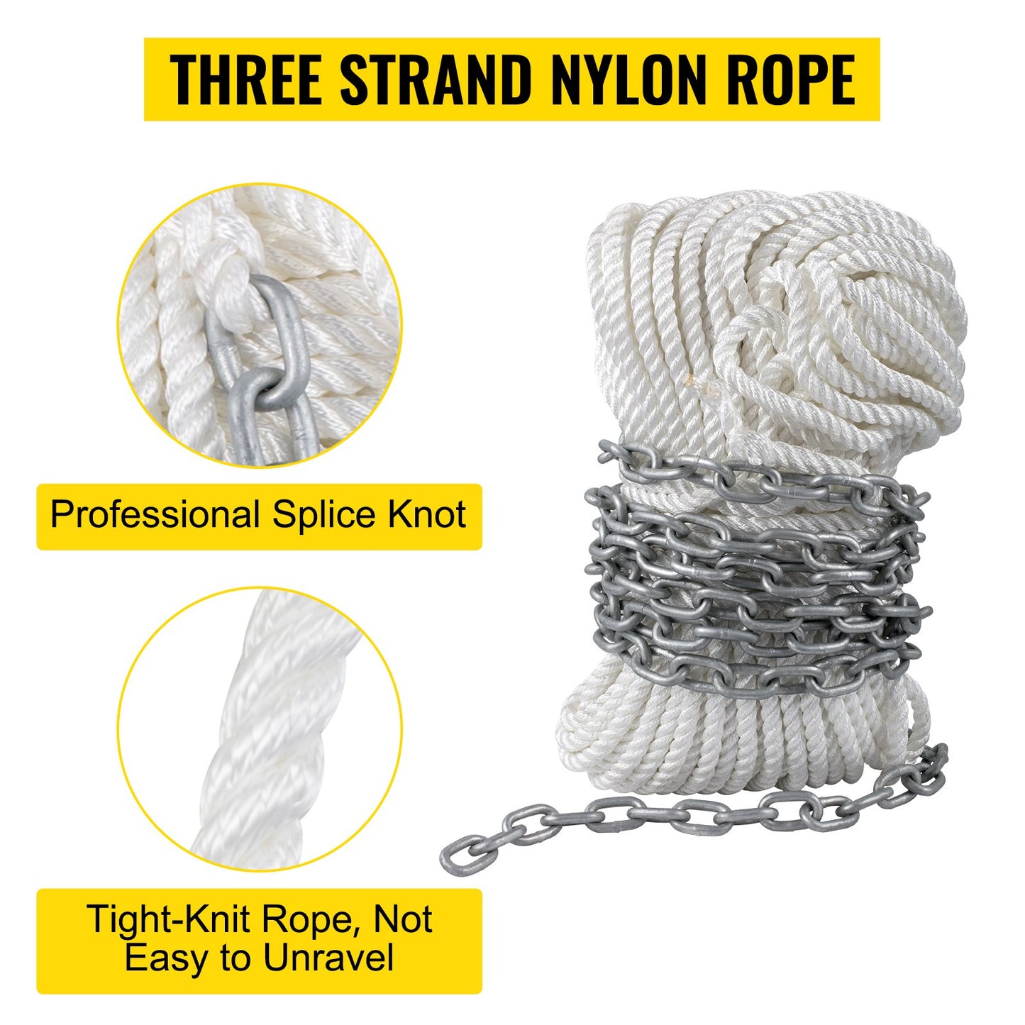 Anchor Rode and Chain, 15' x 5/16" Boat Anchor Chain, 1/2" x 200' Nylon Rope, 2.2T Chain Tension Galvanized Steel Chain, Windlass-Grade Three Strand Twist Nylon, Anchor Chain for Boats, Ships