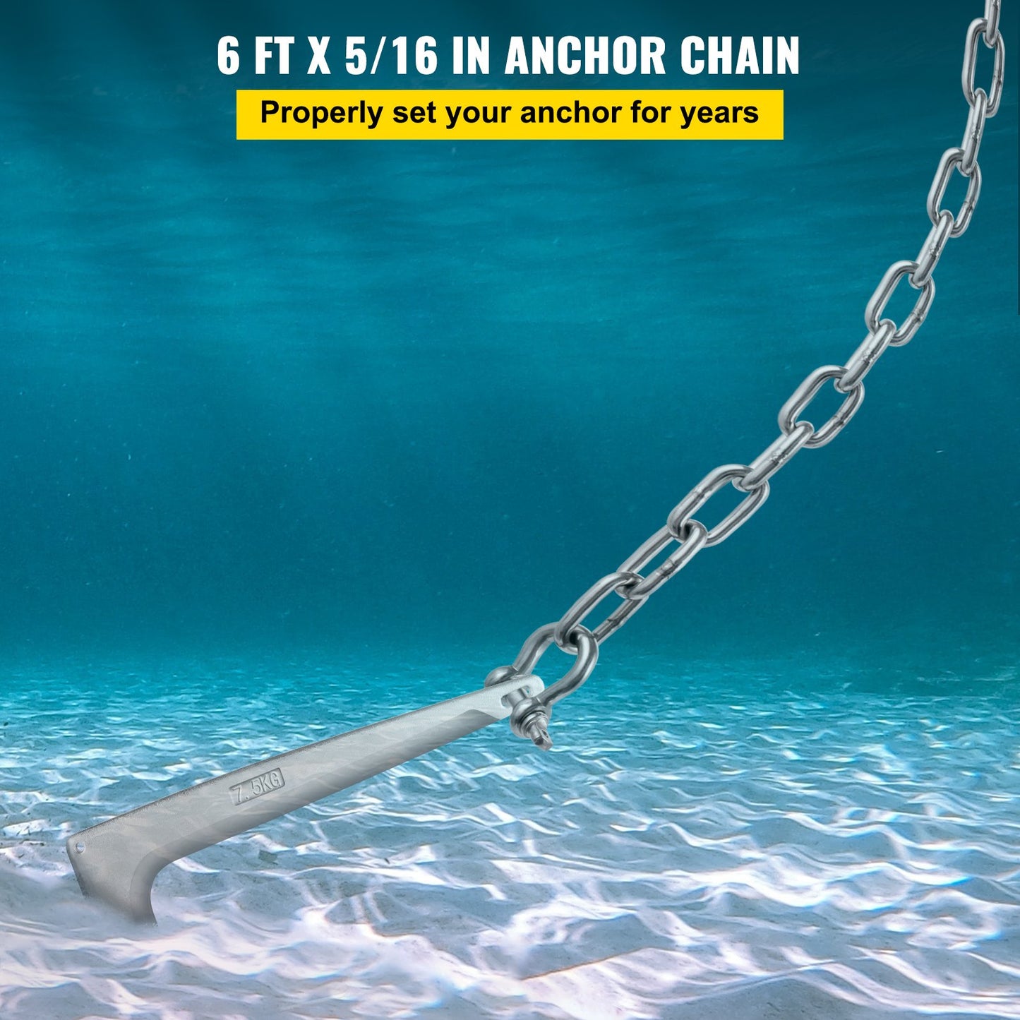 Anchor Chain, 6' x 5/16" 316 Stainless Steel Chain, 3/8" Anchor Chain Shackle, 7120lbs Anchor Lead Chain Breaking Load, 9460lbs Anchor Chain Shackle Breaking Load, Anchor Chain for Small Boats