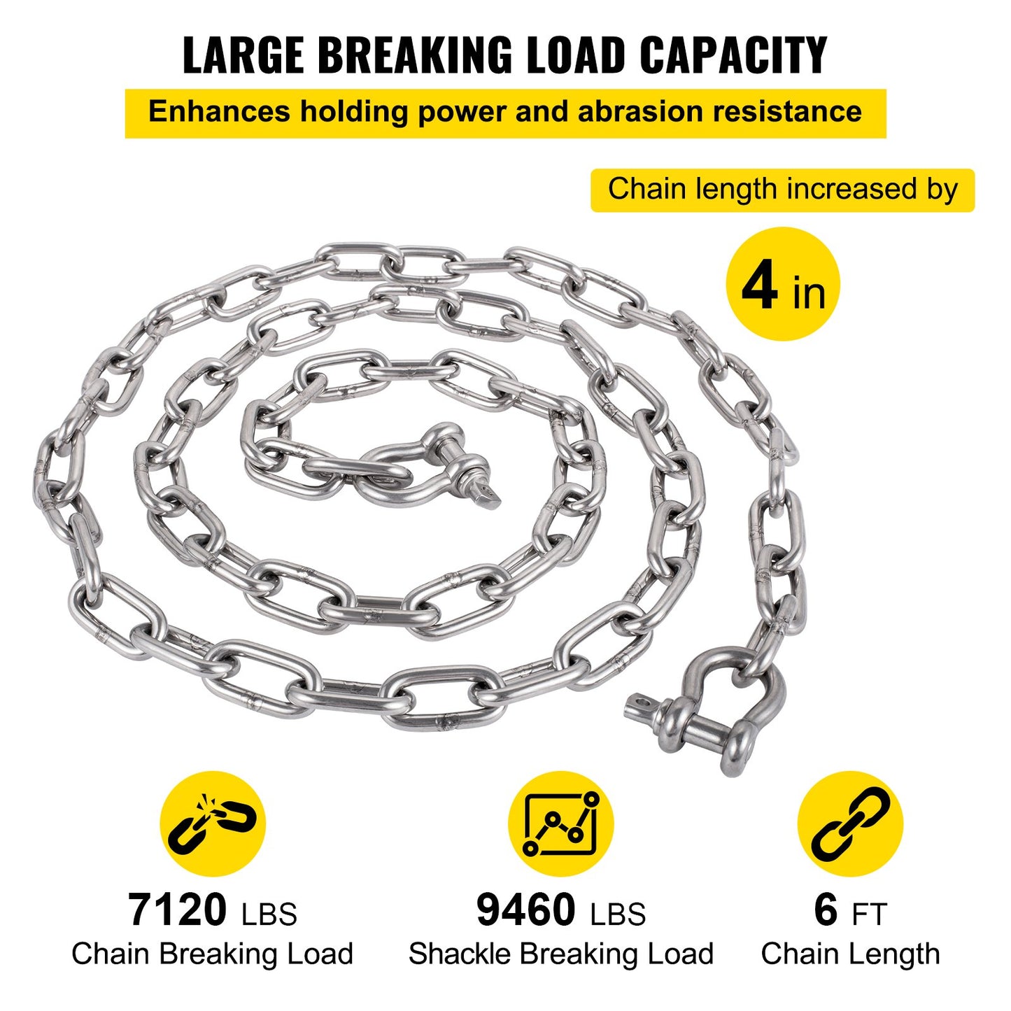 Anchor Chain, 6' x 5/16" 316 Stainless Steel Chain, 3/8" Anchor Chain Shackle, 7120lbs Anchor Lead Chain Breaking Load, 9460lbs Anchor Chain Shackle Breaking Load, Anchor Chain for Small Boats
