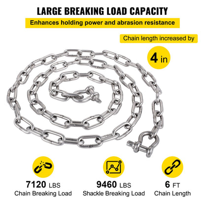 Anchor Chain, 6' x 5/16" 316 Stainless Steel Chain, 3/8" Anchor Chain Shackle, 7120lbs Anchor Lead Chain Breaking Load, 9460lbs Anchor Chain Shackle Breaking Load, Anchor Chain for Small Boats