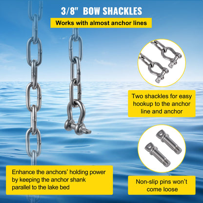 Anchor Chain, 6' x 5/16" 316 Stainless Steel Chain, 3/8" Anchor Chain Shackle, 7120lbs Anchor Lead Chain Breaking Load, 9460lbs Anchor Chain Shackle Breaking Load, Anchor Chain for Small Boats