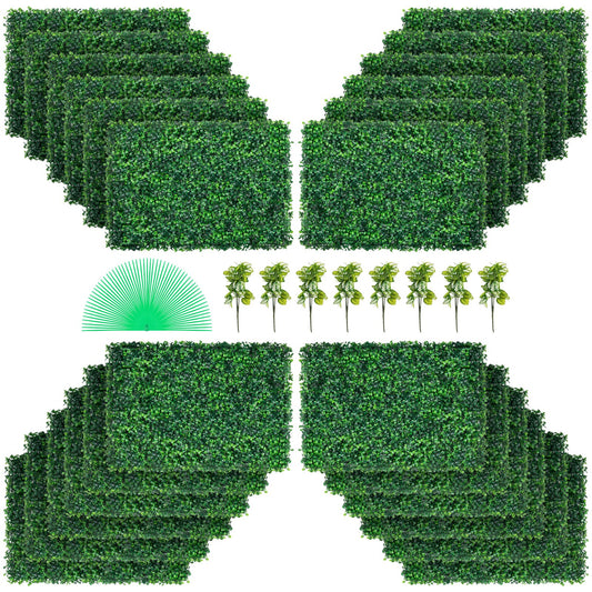 Artificial Boxwood Panel 24" X 16" UV 24pcs Boxwood Hedge Wall Panels Artificial Grass Background Wall 4cm Green Grass Wall, Fake Hedge for Decor Privacy Fence Indoor, Outdoor Garden Backyard