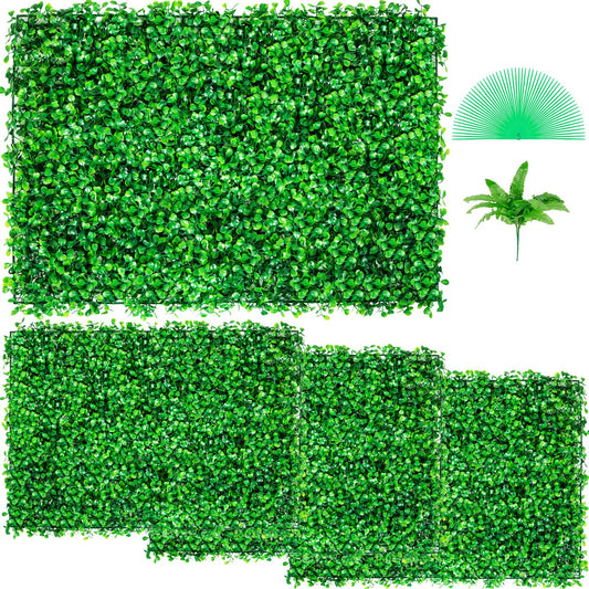 Artificial Boxwood Panel UV 4pcs Boxwood Hedge Wall Panels Artificial Grass Background Wall 24X16" 4 cm Green Grass Wall Fake Hedge for Decor Privacy Fence Indoor Outdoor Garden Backyard
