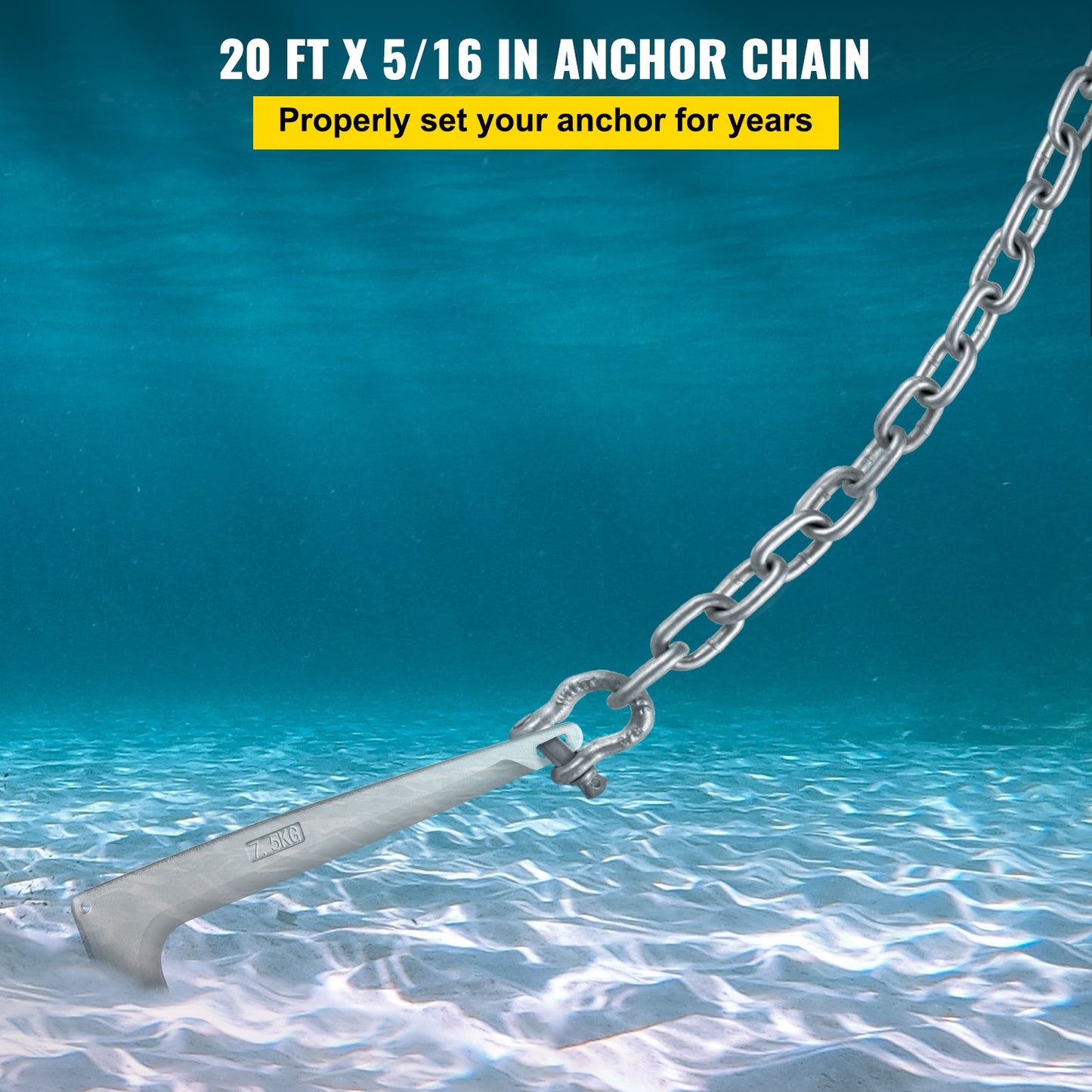 Anchor Chain, 20' x 5/16" Galvanized Steel Chain, 3/8" Anchor Chain Shackle, 11650lbs Anchor Lead Chain Breaking Load, 9460lbs Anchor Chain Shackle Breaking Load, Anchor Chain for Boats