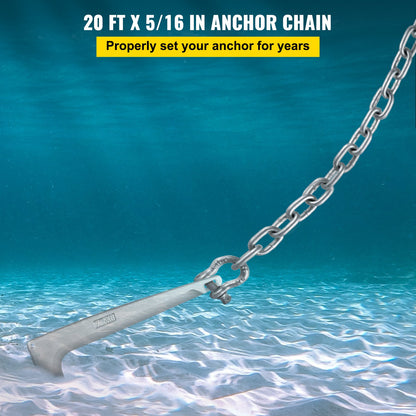 Anchor Chain, 20' x 5/16" Galvanized Steel Chain, 3/8" Anchor Chain Shackle, 11650lbs Anchor Lead Chain Breaking Load, 9460lbs Anchor Chain Shackle Breaking Load, Anchor Chain for Boats