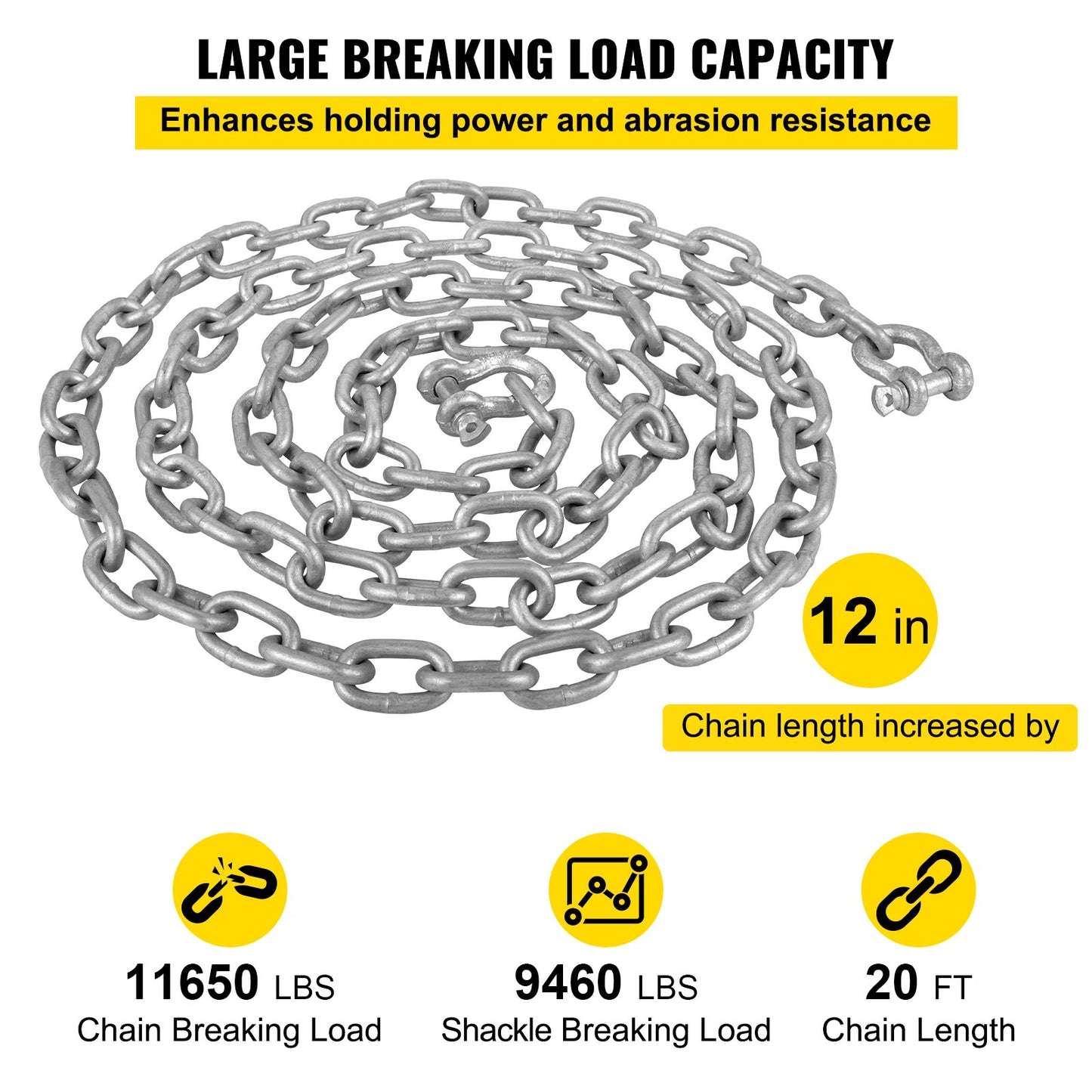 Anchor Chain, 20' x 5/16" Galvanized Steel Chain, 3/8" Anchor Chain Shackle, 11650lbs Anchor Lead Chain Breaking Load, 9460lbs Anchor Chain Shackle Breaking Load, Anchor Chain for Boats