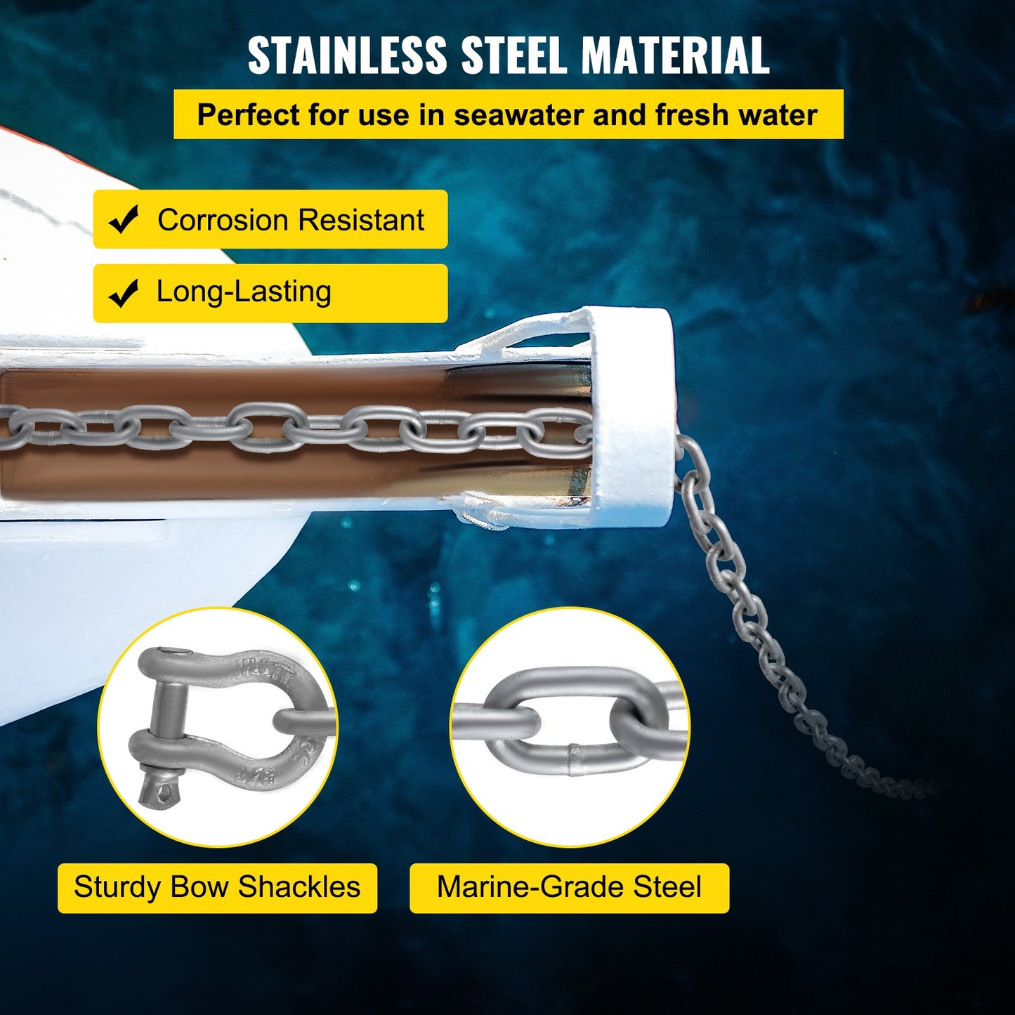 Anchor Chain, 20' x 5/16" Galvanized Steel Chain, 3/8" Anchor Chain Shackle, 11650lbs Anchor Lead Chain Breaking Load, 9460lbs Anchor Chain Shackle Breaking Load, Anchor Chain for Boats