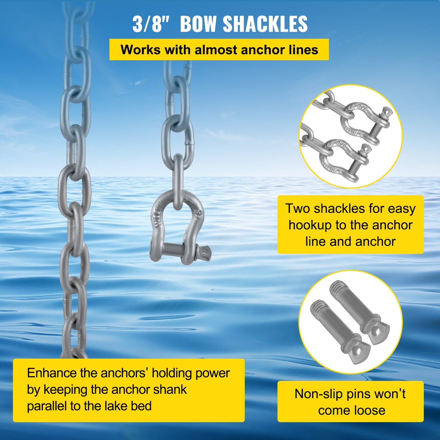 Anchor Chain, 20' x 5/16" Galvanized Steel Chain, 3/8" Anchor Chain Shackle, 11650lbs Anchor Lead Chain Breaking Load, 9460lbs Anchor Chain Shackle Breaking Load, Anchor Chain for Boats