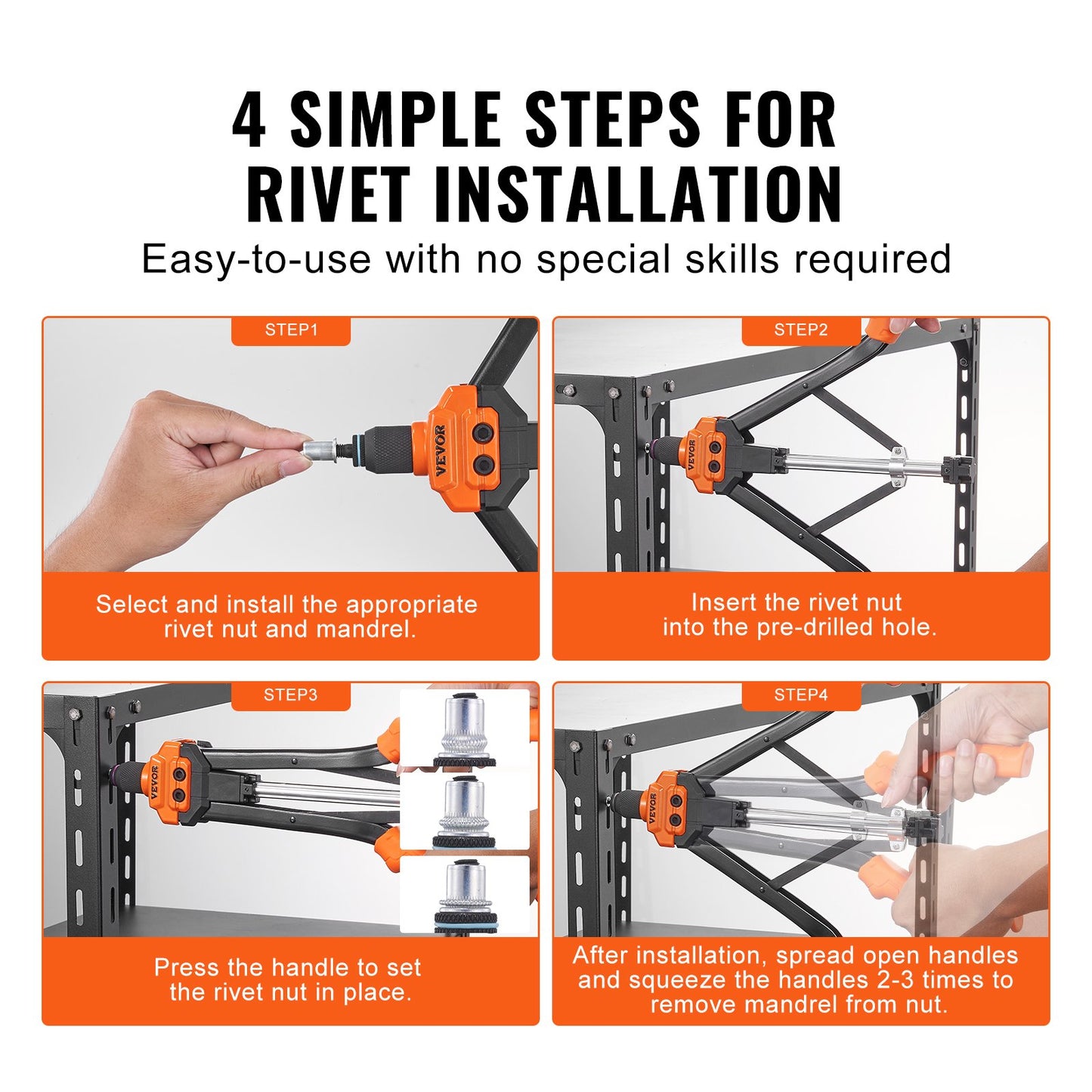 Rivet Nut Tool, 16 inch Rivnut Tool Kit with 13PCS Metric and SAE Mandrels, 186PCS Rivet Nuts, Semi-auto Retraction, M3, M4, M5, M6, M8, M10, M12, 1/4-20, 5/16-18, 3/8-16, 1/2-13, 8-32, 10-24