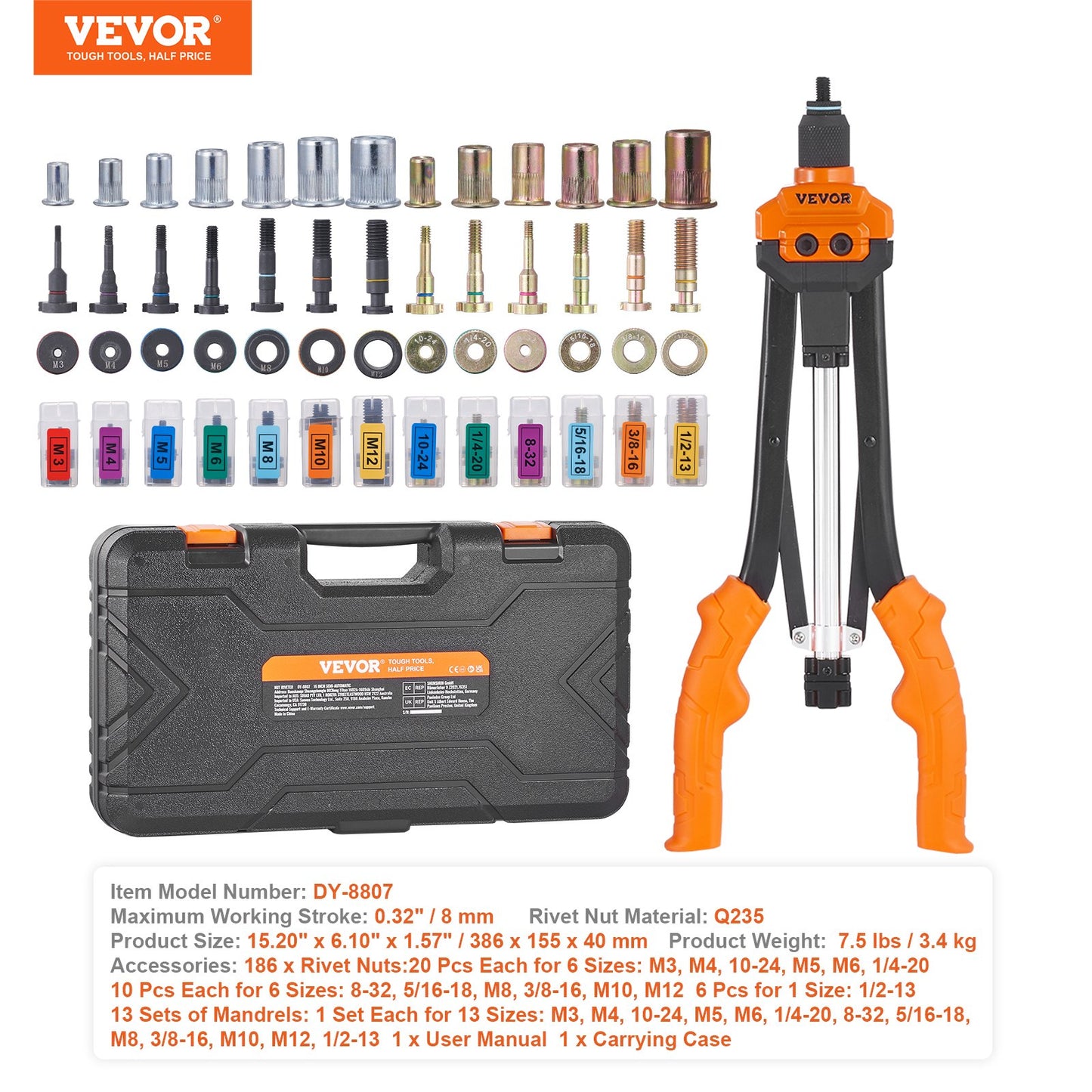 Rivet Nut Tool, 16 inch Rivnut Tool Kit with 13PCS Metric and SAE Mandrels, 186PCS Rivet Nuts, Semi-auto Retraction, M3, M4, M5, M6, M8, M10, M12, 1/4-20, 5/16-18, 3/8-16, 1/2-13, 8-32, 10-24