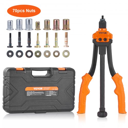 Rivet Nut Tool, 14” Rivnut Tool Kit with 7 PCS Metric and SAE Mandrels, 70 PCS Assorted Rivet Nuts, 10-24, 1/4-20, M6, 5/16-18, M8, 3/8-16, M10, Rivet Nut Kit With Rugged Carrying Case