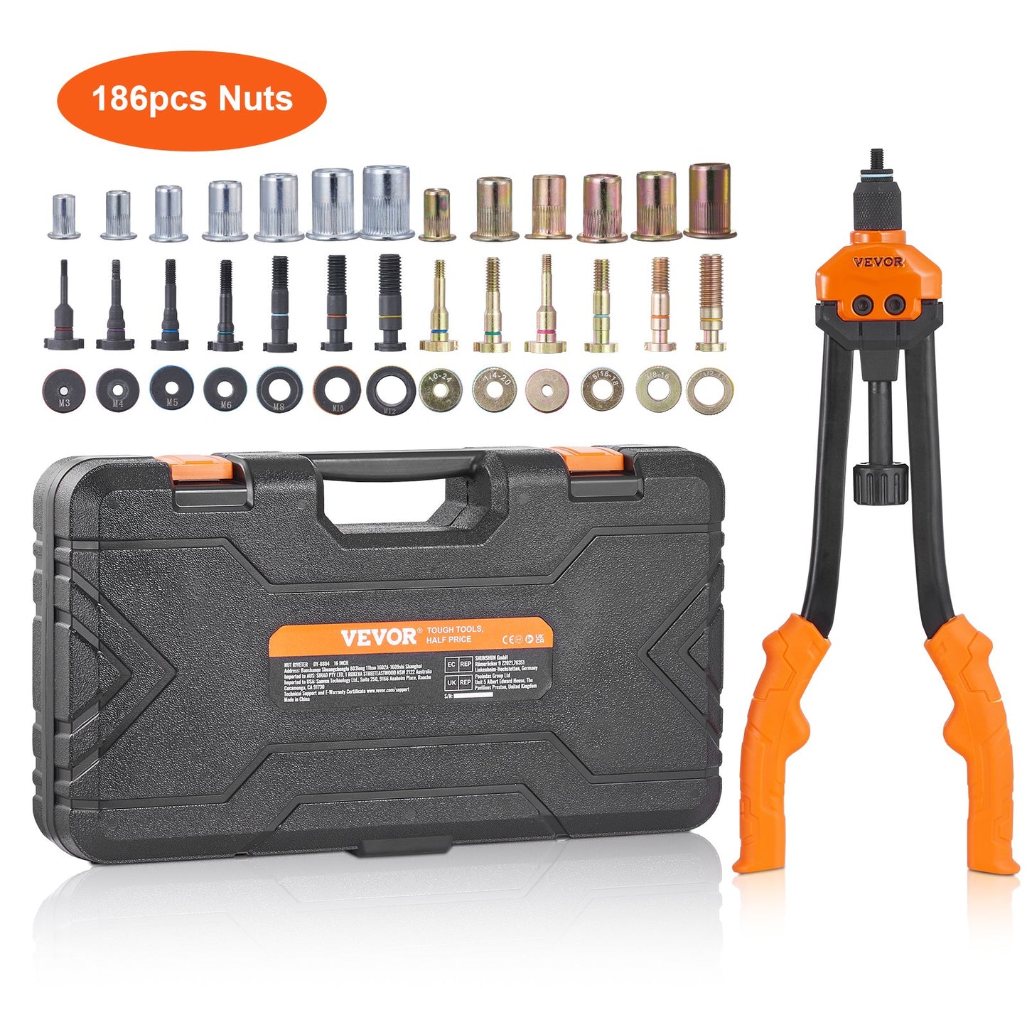 Rivet Mutter Tool, 16” Rivnut Tool Kit med 13PCS metriska och SAE dorn, 186PCS Nit Mutter, M3, M4, 10-24, M5, M6, 1/4-20, 8-32, 5/16-18, M8, 3/101, M-1, M-1, M3, M4, 10-24 Bärväska