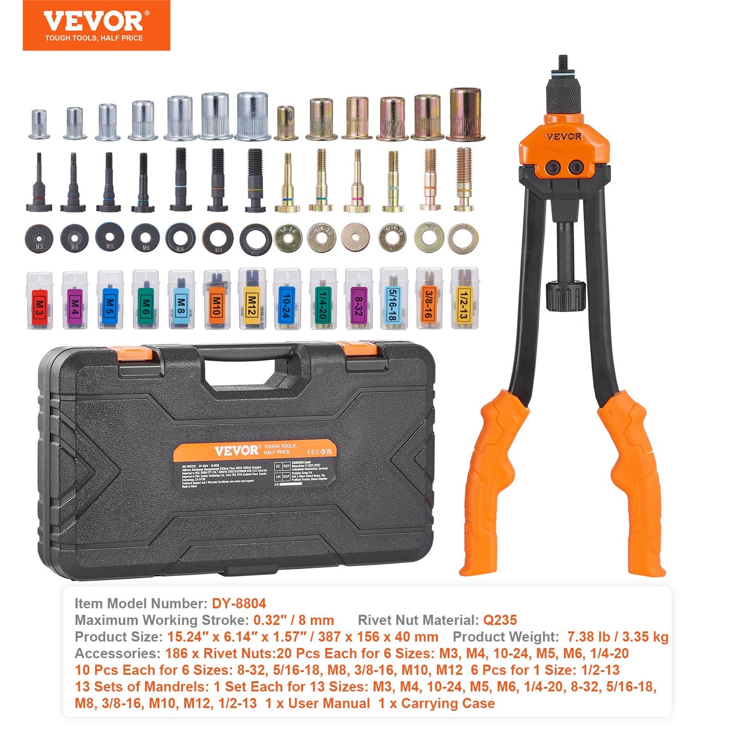 16" Rivet Nut Tool, Labor-Saving Rivnut Tool Kit with 13PCS Metric & SAE Mandrels, 186PCS Rivet Nuts,M3, M4, M5, M6, M8, M10, M12, 1/4-20, 5/16-18, 3/8-16,1/2-13, 8-32, 10-24 With Carrying Case